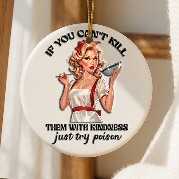 Decorative keepsake with a graphic of a woman holding a knife and a bottle, with text on a neutral background.