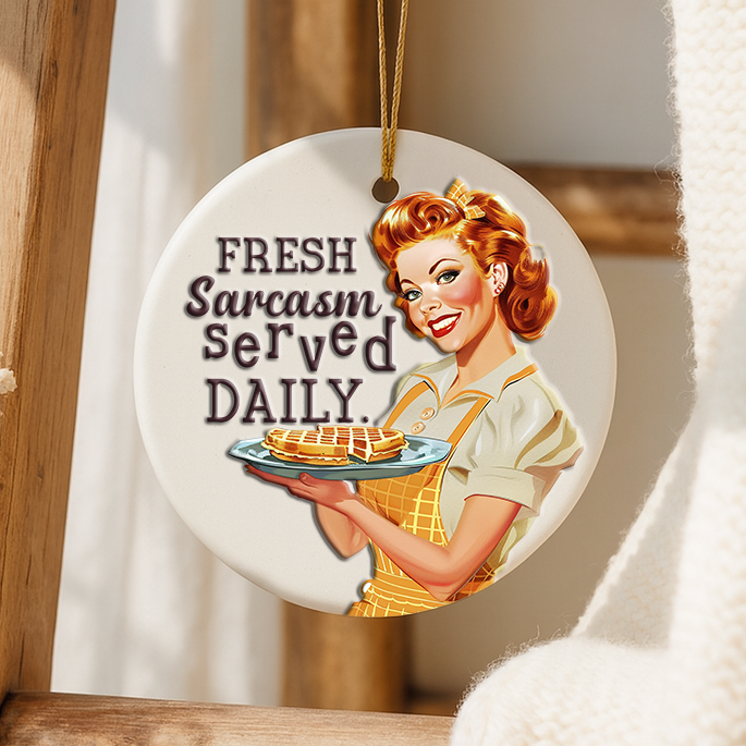 Decorative keepsake with a vintage-style illustration of a woman holding waffles and text 'Fresh Sarcasm Served Daily