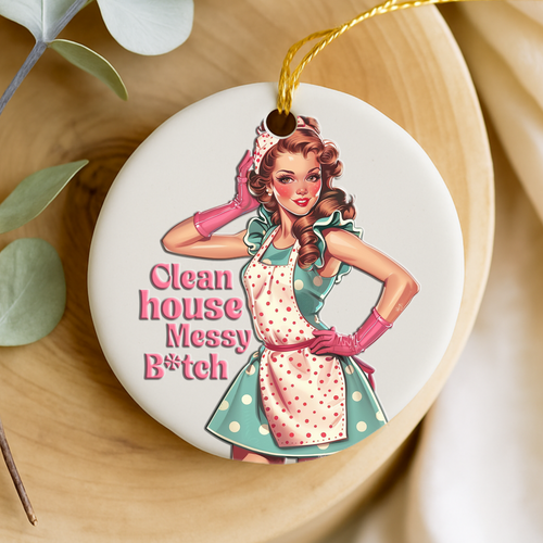 Decorative keepsake with a vintage-style illustration of a woman in an apron on a wooden surface.
