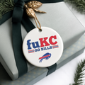 A decorative ornament with 'fuKC Go Bills' text.